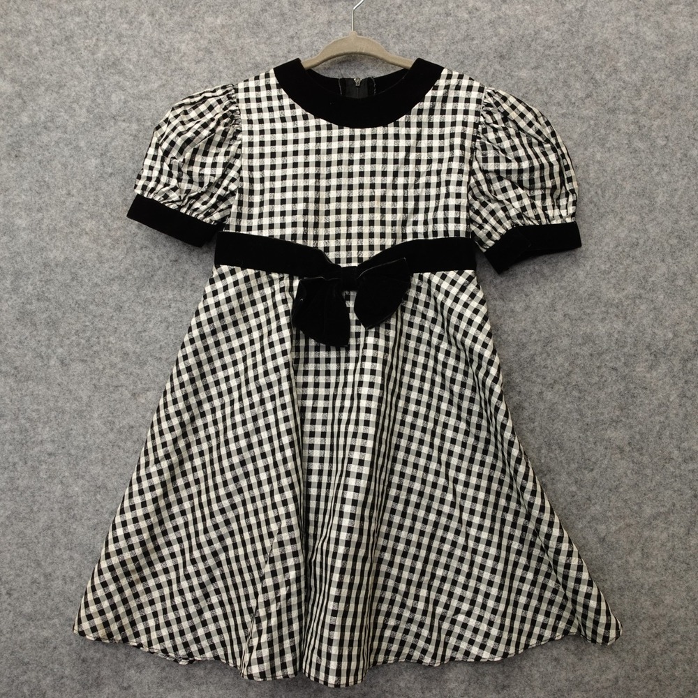 Vintage 80s Girls Gingham Dress 4 5 Black White Metallic Velvet Bow LA‎ PRINCESS